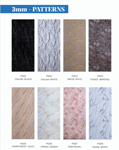 3mm Polygranite Sheet Patterns PG01 to PG08 Marble Finishes